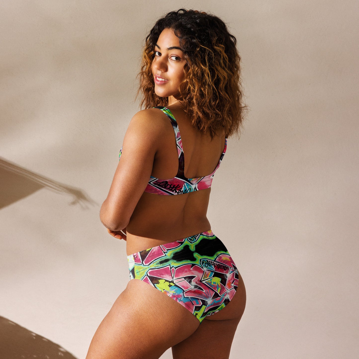 Eco Friendly high-waisted bikini - Hot Pink Graffiti