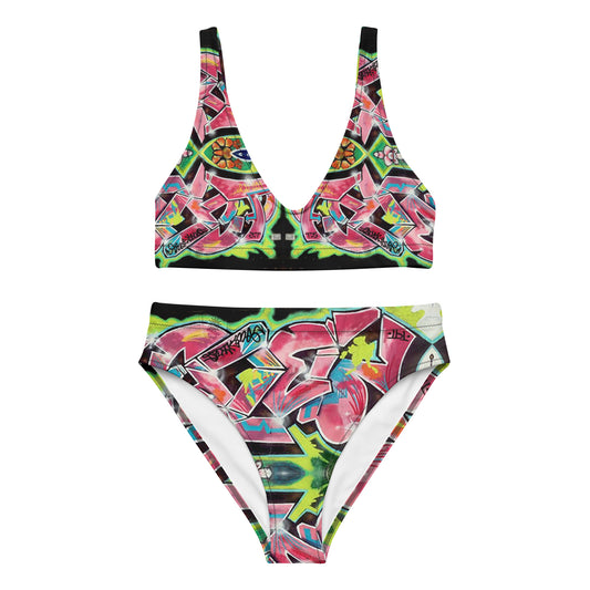 Eco-Friendly high-waisted bikini - Hot Pink Graffiti