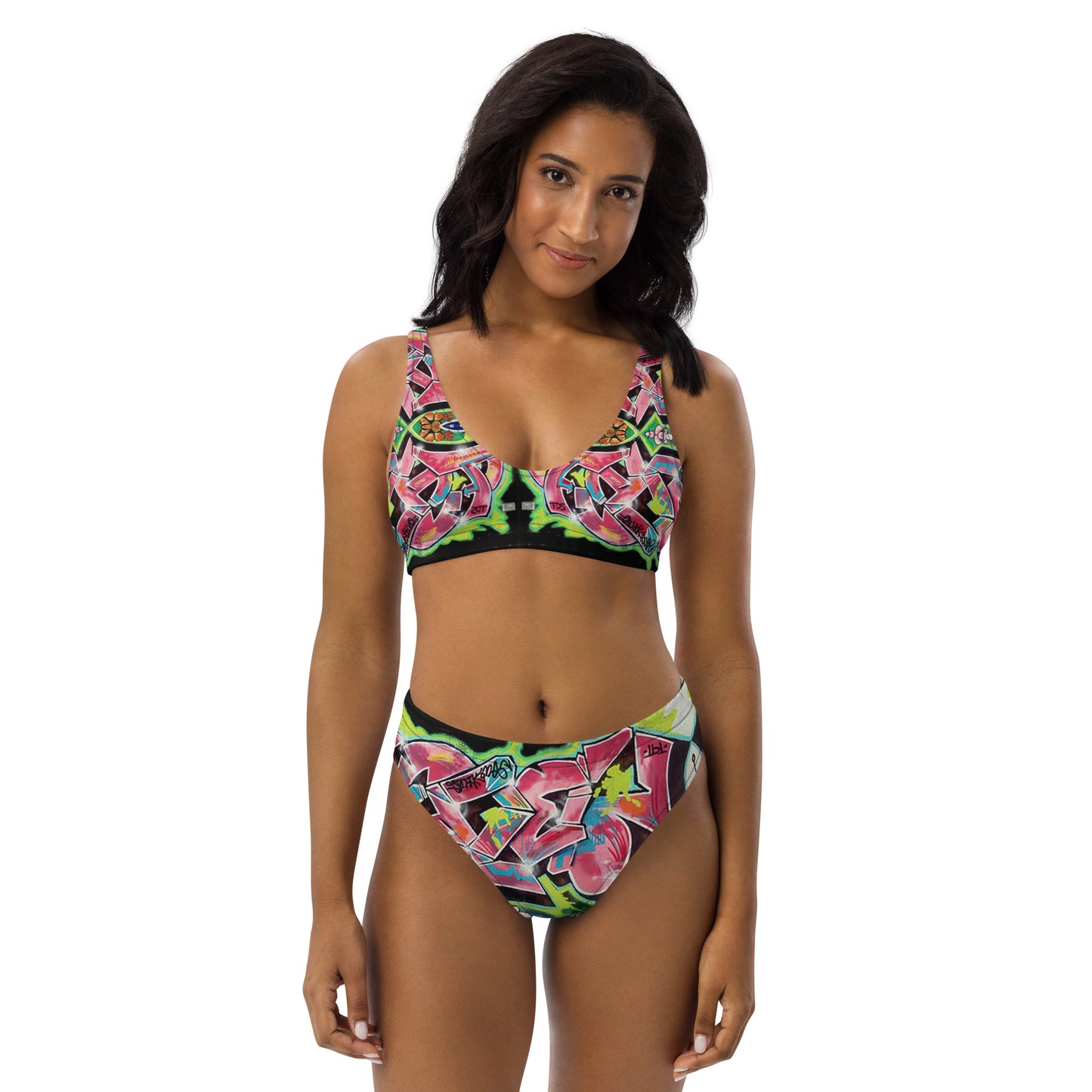 Eco Friendly high-waisted bikini - Hot Pink Graffiti