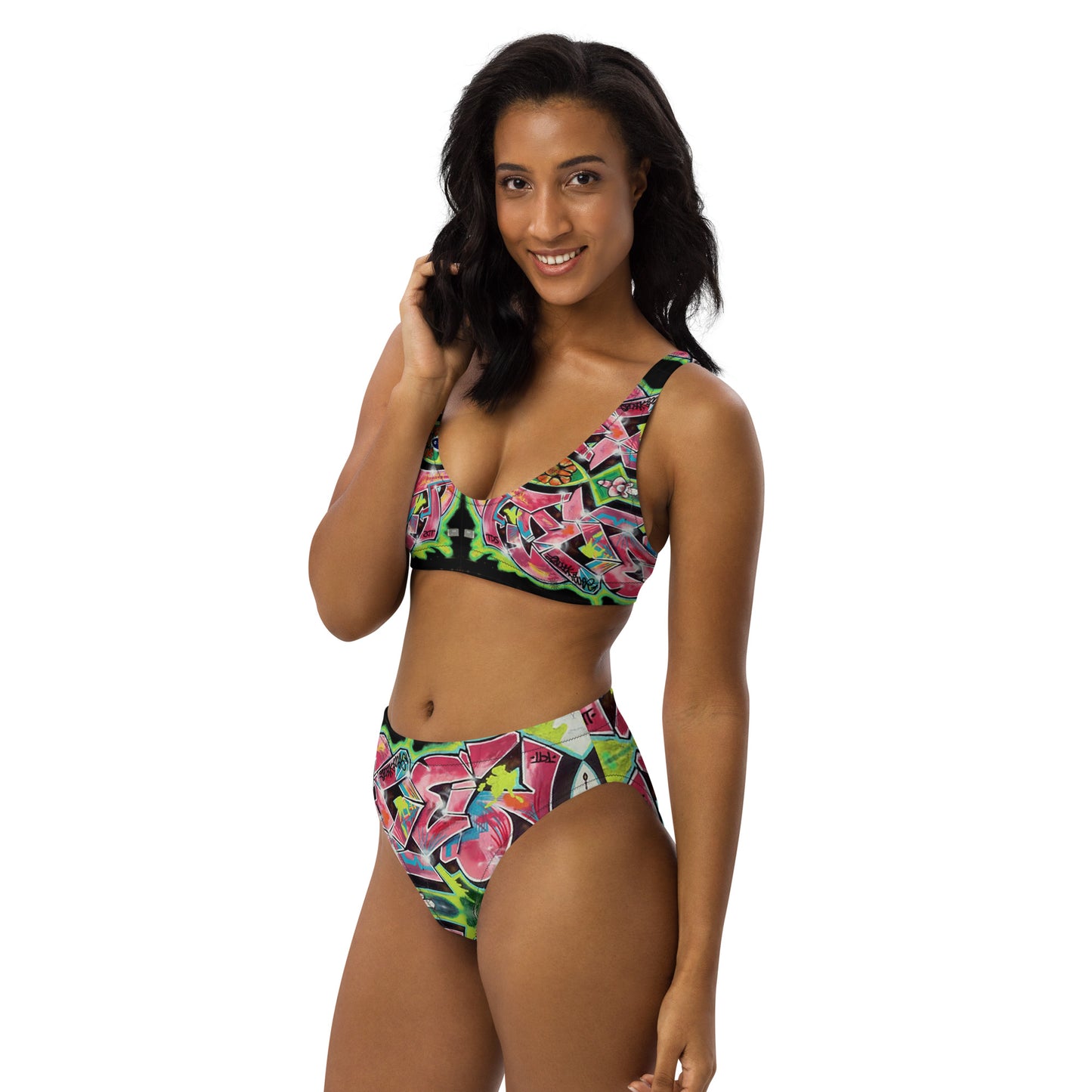 Eco Friendly high-waisted bikini - Hot Pink Graffiti